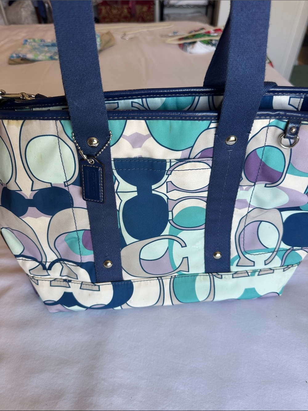 Coach Multicolor Signature Circle Print Tote with Navy Straps